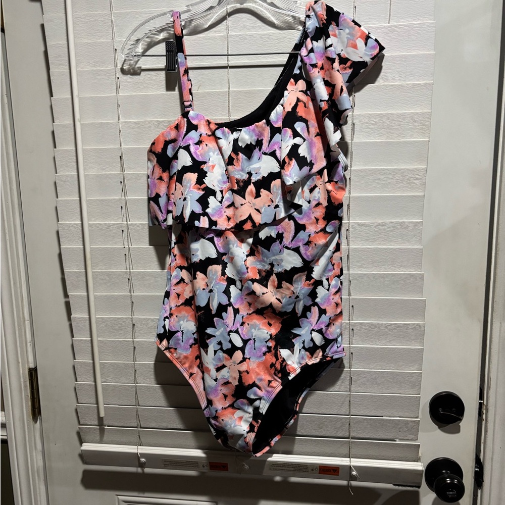 Time and Tru One Shoulder Floral Swimsuit - Black, Pink, White